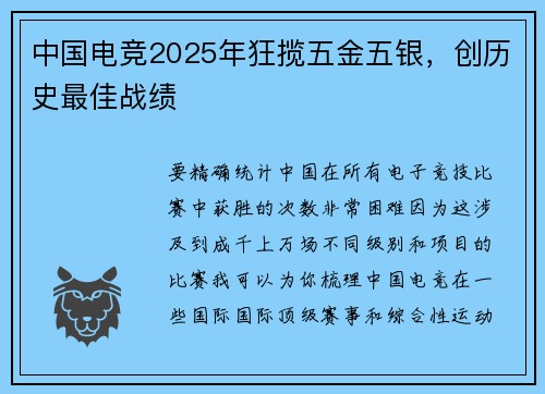 中国电竞2025年狂揽五金五银，创历史最佳战绩